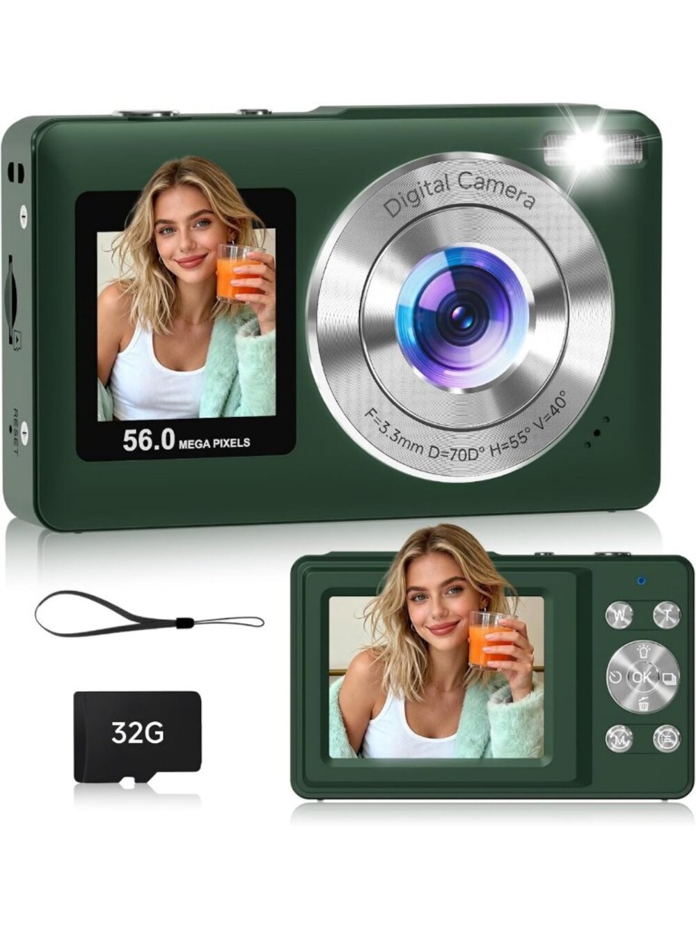 56MP Dual Screen Vlogging Camera with 16X Zoom, Anti-Shake, Compact & Portable